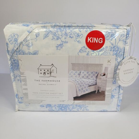 R Ashwell Farmhouse Shabby Chic KING Sheets Set Blue White Butterfly Cotton 4pc - Picture 1 of 12